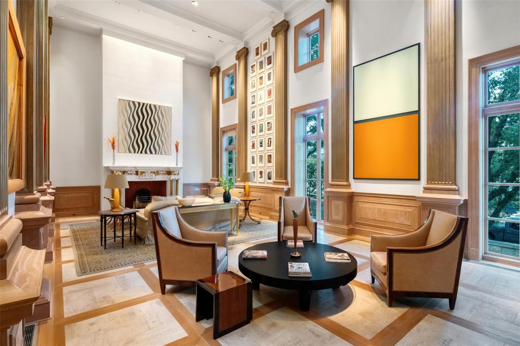 Great room with fireplace and gallery wall
